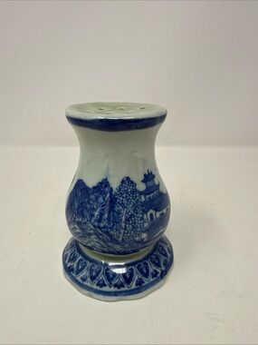 Antique Victoria Ware Ironstone Flow Blue Hat Pin Holder Tree Bridge Chinoiserie